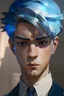 Placeholder: portrait Anime western male cute-fine-face, sky blue hair, 18, light brown eyes, Dark blue suit, pretty face, realistic shaded, fine details. realistic shaded lighting by Ilya Kuvshinov Giuseppe Dangelico Pino and Michael Garmash and Rob Rey, IAMAG premiere, WLOP matte print, masterpiece