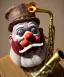 Placeholder: mechanoid old friendly fat clown with trimmed beard playing jazz with a steampunk theme, trumpet, salvador dali