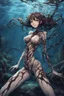 Placeholder: Underwater, Anime girl, fullbody, darkbrown tones, lying pose, his skin turned translucent revealing a network of black veins that extended like roots beneath her epidermis, smiling meanwhile many worms streaming from his body, ragged clothes,