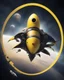 Placeholder: A strange creature flying in space on top of a speeding rocket. It has a head in the shape of a yellow and black circle with yellow edges as well