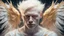 Placeholder: albino man 35 years old, sad angel, fine rendering, high detail, 8K, bright colors, HD photography, gold, flying feathers, double exposure