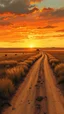 Placeholder: dirt road with sunset in the prairies, old western, painting based on grainy photo, orange brown tones