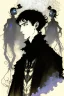 Placeholder: 17 year old boy, necromancer, friendly, looks dead, surrounded by weird smoke with eyes, wearing black robes, in the style of Harry Clarke