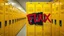 Placeholder: photograph of a row of pristine clean yellow school lockers in a hallway, but a single locker is juxtaposed as being dented, black, dirty with graffiti red text "FLUX", concept art, hyperreal