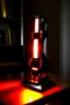 Placeholder: gaming lamp, form inspired by avengers tower, architecture form, modern design style and black and red color