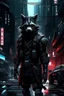 Placeholder: a cyberpunk racoon standing in a city street, black armour, with red highlights, grey cyberpunk city background