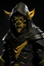 Placeholder: attractive male goblin with yellow eyes wearing full leather armor, a black hooded cloak and a full face mask