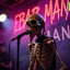 Placeholder: a very thin swedish man (near skeleton), with a plague mask with only a hole for the mouth (no eyes), he is called "KEBAB MAN" performing at death metal club, his name is "KEBAB MAN" kebab rolls On stage, kebab Neon lights and smog, and "KEBAB MAN" big sign on the wall, kebab tribal tattooes, spinning kebab machines, flames and smoke, chaos, he singing with mic,