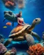 Placeholder: magical vibrant colors underwater Beautiful Queen in deep blue sea beautiful corals,fishs and she on sitting driving giant turtle story photography fantasy art