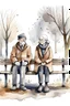 Placeholder: Hand drawn watercolor and ink illustration of an old couple sitting on a park bench during winter season