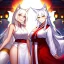 Placeholder: Clear focus, 8k, beautiful lighting, vibrant colors, fox girl, white hair, long hair, golden eyes, miko, tail, smile,