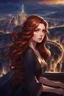 Placeholder: girl with long, wavy, auburn hair. With brown/gold eye color. Look towards the city at night. League of legends