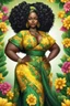 Placeholder: Create a digital airbrush cartoon of a curvy African female wearing Nigeria outfit that's yellow, green and black. Prominent make up with hazel eyes. Highly detailed very long extremely curly black hair. Her skin is smooth and silky. Background of a judge full of colorful flowers