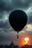 Placeholder: one bursts big black party balloon on sky, high realistic, storm, gloomy, surreal, little city, ruins, professional photo, cinematic, utopistic