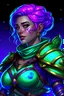 Placeholder: Female half air genasi half plasmoid from dungeons and dragons, Waist up in moonlight, southeast Asian, skintone like meghan markle, bicep length wind like hair, purple hair, Tough Traveler vibes, Scale hide armor, No Metal, dark green and light blue armor, Purple armor accents, deep green eyes, realistic, digital art, high resolution