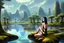 Placeholder: A skinny woman with a Cleopatra hairstyle, short skirt, and knee-high boots, looking out over a lake, in an alien forest, with tall cloud trees, flying mushrooms with octopus tentacles