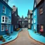 Placeholder: Fotografia di strada assurda e falsa cozy blu weirdcore dai colori vivaci. Fantasy land. Escher. Non luogo falso, inusuale. Max Ernst. Le case sono false e dipinte di nero chiaro con cose stilizzate e dettagli. Ci sono finestrelle false quadrate, che danno un senso distopico e molto surreale, disposte in modo casuale. L'atmosfera generale sembra noiosa e onirica, con un contrasto tra elementi reali ed elementi dipinti falsi, René Magritte, oddest things