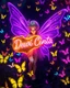 Placeholder: hyper realistic magical scene featuring a delicate beautiful fairy with glowing vibrant purple wings holding a glossy shiny vibrant golden sheild written find details 'Dewi Cinta' in cursive font, Surround the fairy with numerous vibrant multi coloured neon butterflies fluttering, background dark enhancing the enchanting and whimsical atmosphere of neon garden, ultra HD sharp focus