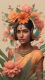 Placeholder: 3D illustration of indian woman with headphones on and a background with flowers, illustration, smooth 3d digital art, exquisite thee-dimensional rendering, 4K, blender, c4d, octane render , disney style 3d light, Zbrush sculpt, concept art, Zbrush high detail, pinterest Creature Zbrush HD sculpt, neutral lighting, 8k detail