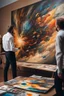 Placeholder: A artist is looking at his canvas painting, the painting is exploding towards him with memories and images that was painted, abstract, weird,8 k, , high quality