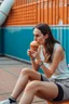 Placeholder: a woman sitting in a basketball court and eating ice cream