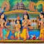 Placeholder: spiritual consciousness of Indian temple architecture in miniatur painting style surrounded by mystical creatures performing water ritual