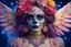 Placeholder: beautifull girl sugarskull,whit tattoo, pretty eyes, big wings, photography, soft light, volumetric lighting, ultra-detailed photography, blue background, Perfect anatomy, super high resolution + UHD + HDR + highly detailed, hyperrealistic, dynamic lighting, RED METALIC and YELLOW PINK colors, STARS BACK AND MOON, FLOWERS PURPLE ARROUND, aztec queen.