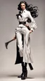 Placeholder: Full body character design, athletic female with black wide legged and high waisted pants, white blouse, face made of white porcelain in a Greek sculpture style , long hair, holding a trench cleaver, flat leather pouch on belt, thick heeled shoes