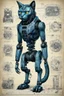 Placeholder: Hand drawn full body illustration by Wayne Reynolds , with detailed blueprints and engineering schematics of dark robotic monster cat with highly detailed facial features, detailed drawings, 8k