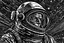 Placeholder: onboard surveillance satellite in earth's outer orbit. mutant psychic astronaut double agent. contemporary depiction in style of international best selling graphic novel/comicbook. stylized line drawings in keeping with archival antiquity monastic tradition of acid etched metal plates & fine art printmaking. high contrast black & white images.