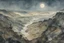 Placeholder: Aerial view painting of an expansive mist laden, rock strewn river forest landscape, pierced by shafts of pale moonlight , in the Expressionist style of Egon Schiele, Oskar Kokoschka, and Franz Marc, in muted natural colors,