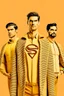 Placeholder: three men in different Vogue Superman's emblem clothing, beige tones, fashion plates, outfits, modern designs, deconstructed tailoring, rendered in cinema4d –q 2 –ar 3:5