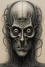 Placeholder: The full body of strange face or an old man , a thin line draw ،front view camera, decayed and rotting with grotesque proportions and imagery. surreal horror, eye mask on the face , biomechanical design, by hr giger and beksinski , Busch painting style