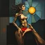 Placeholder: A cubist interpretation in the style of Pablo Picasso. A woman formed from angular creosote branches, her thorny body reaching toward a fragmented sun. A distorted hand, dripping red, touches her from below. Earthy palette with intense blues, reds, and dark contrasts. Emotive abstraction and symbolic fragmentation. --v 7 --style raw --ar 1:1