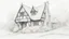 Placeholder: A front elevation fine-line pencil drawing of a partially collapsed Tudor fantasy cottage.