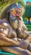 Placeholder: close up photography of a relaxed stocky short chubby hairy strong burly italian man, 64 years old, long hairs, long curly beard, in swimwear, emotive eyes, manly chest, open legs, relaxed sitting on a bench in a city public park, sweat, bullneck, big thighs, sunlight, backlight, photorealistic, ultra detailed, Canon EOS, 35mm lens, ground front view