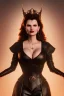 Placeholder: Geena Davis as evil queen in black leather, leather, busty, cleavage, angry, rage, stern look. character design by cory loftis, fenghua zhong, ryohei hase, ismail inceoglu and ruan jia. unreal engine 5, artistic lighting, highly detailed, photorealistic, fantasy