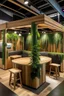 Placeholder: Corner exhibition stand in eco-style, with wood elements and greenery, with meeting areas