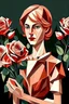 Placeholder: A girl with short hair standing holding roses in her hands in the style of the Cubist school