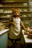 Placeholder: Portrait photo of one single anthropomorphic baker cat at a bakery baking rustical bread, Fuji Velvia 50 film