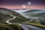 Placeholder: moon emerges from the fog, the road twists and turns in the hills , detailed, crepy stunning landscape