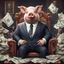 Placeholder: rich pig in suit on a throne making stacks of money by making a deal with a buisnessman. background of musicians. baksinski style