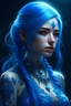 Placeholder: A Young beautiful girl decorated in blue lace and blue crystals, white and blue hair, octane render Artstation perfect composition, intricate details, hyper details, masterpiece, perfect composition, perfect anatomy, perfect lighting, (((single subject ))), sf, intricate artwork masterpiece, ominous, matte painting movie poster, golden ratio, trending on cgsociety, intricate, epic, trending on artstation, by artgerm, h. r. giger and beksinski, highly det