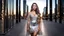 Placeholder: very beautiful model lady with makeup and beautiful modern fashion mini dress velvet dark silver lace skirt with lace edges and modern loose lace top with a loose over, curvy silver long hair, standing in a modern city open satge cubic mirrors(each with 4 equal hight and equal width, vertical mirror), each vertical on its own short rotating base. with some small lights on crystal frames, on roof of a skyscraper with city escape at background, with animating dynamic lights with high
