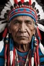 Placeholder: A highly detailed portrait black and white photograph captures an American Indian elder tribal leader in a hyperrealistic manner. The chief wears striking blue-on-red tribal panther makeup, facing forward with a strong gaze. The intricate texture of his skin and his intense expression are emphasized. Shot with a 50mm f2 lens on a GFX100 camera, the image features dramatic front lighting, creating a distinctive look. Aspect ratio: 2:3. Quality: 2.