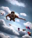 Placeholder: Ultra realistic speed clouds sky scene, wide angle view, strong men falling down with many Childs background, circus clothing style, feather color clothing, free jumping flying, many trinkets, hair monster, many jelly beans, balls, color smoke, smile, happy, extreme, wind, clouds sea, 20,000 feet altitude, stratosphere, soft color, highly detailed, unreal engine 5, ray tracing, RTX, lumen lighting, ultra detail, volumetric lighting, 3d, finely drawn, high definition, high resolution.