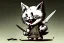 Placeholder: Cat diabolical smiling with a bloody knife with blood. Comic style