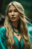 Placeholder: portrait of a beautiful Norwegian-asian woman, super long blond hair, warm-hearted, goddess, turquoise