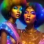 Placeholder: full body shot, masterpiece, best quality, family of three, black skinned, sparkling eyes, fluorescent skin, colorful makeup, disco, highly detailed body, afrofuturism, scifi, sun light, 4K, RAW, depth of field, high contrast, realistic details, 24mm