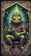 Placeholder: mandala style framed playing card illustration, close up portrait of a happy blessed ancient magical scaly slimy weird Bullywug mad max soldier posing for photo shoot on a throne, holding a burning sceptre, in a space alien mega structure with stairs and bridges woven into a sacred geometry knitted tapestry in the middle of lush magic jungle, bokeh like f/0.8, tilt-shift lens 8k, high detail, smooth render, down-light, unreal engine, prize winning